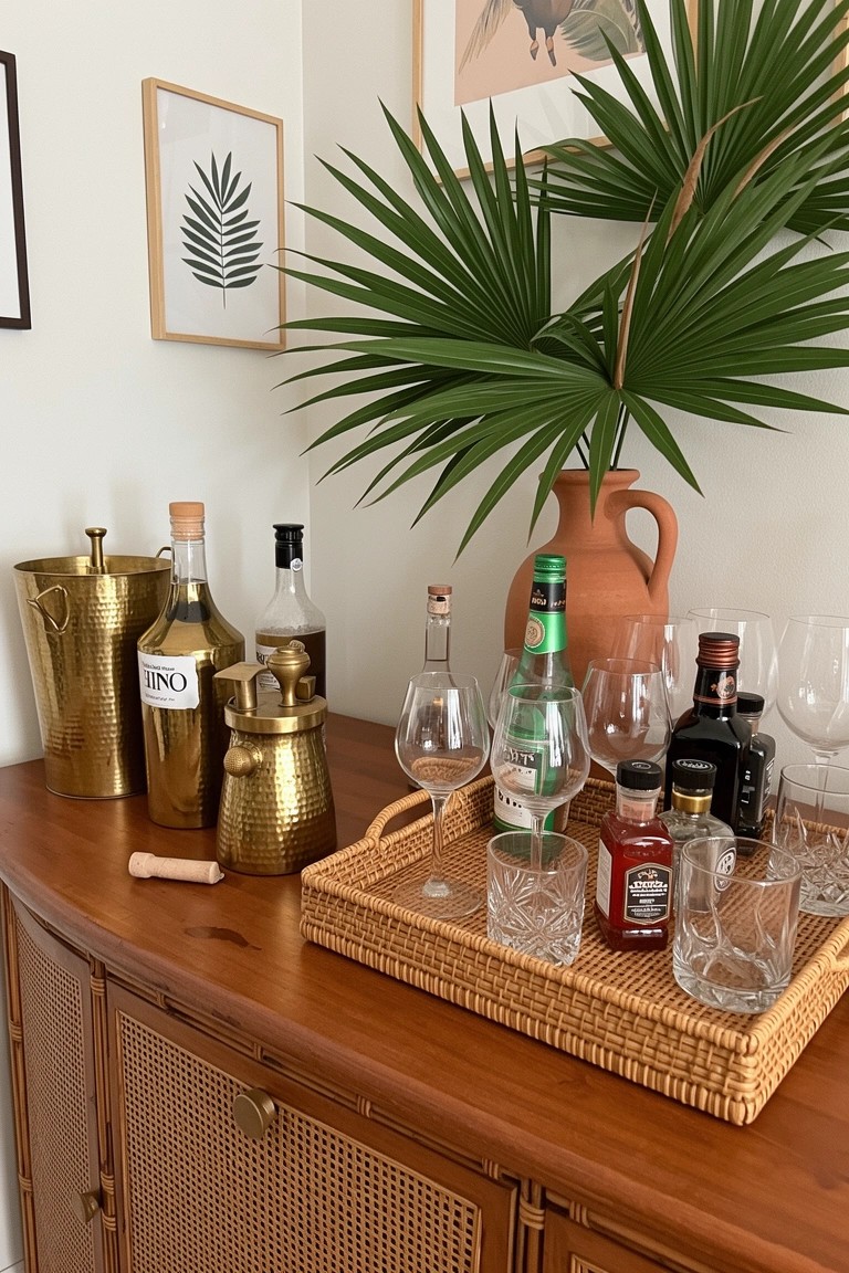 Boho home bar on wooden credenza with woven tray holding bottles and glasses, brass accents, and potted palm leaves