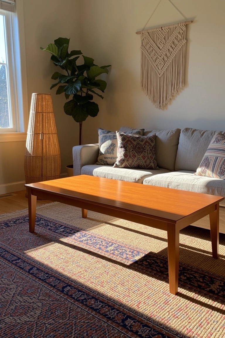 Boho living room corner with orange wood coffee table on colorful patterned rug, neutral sofa with eclectic pillows, potted plant, rattan lamp, and macrame hanging