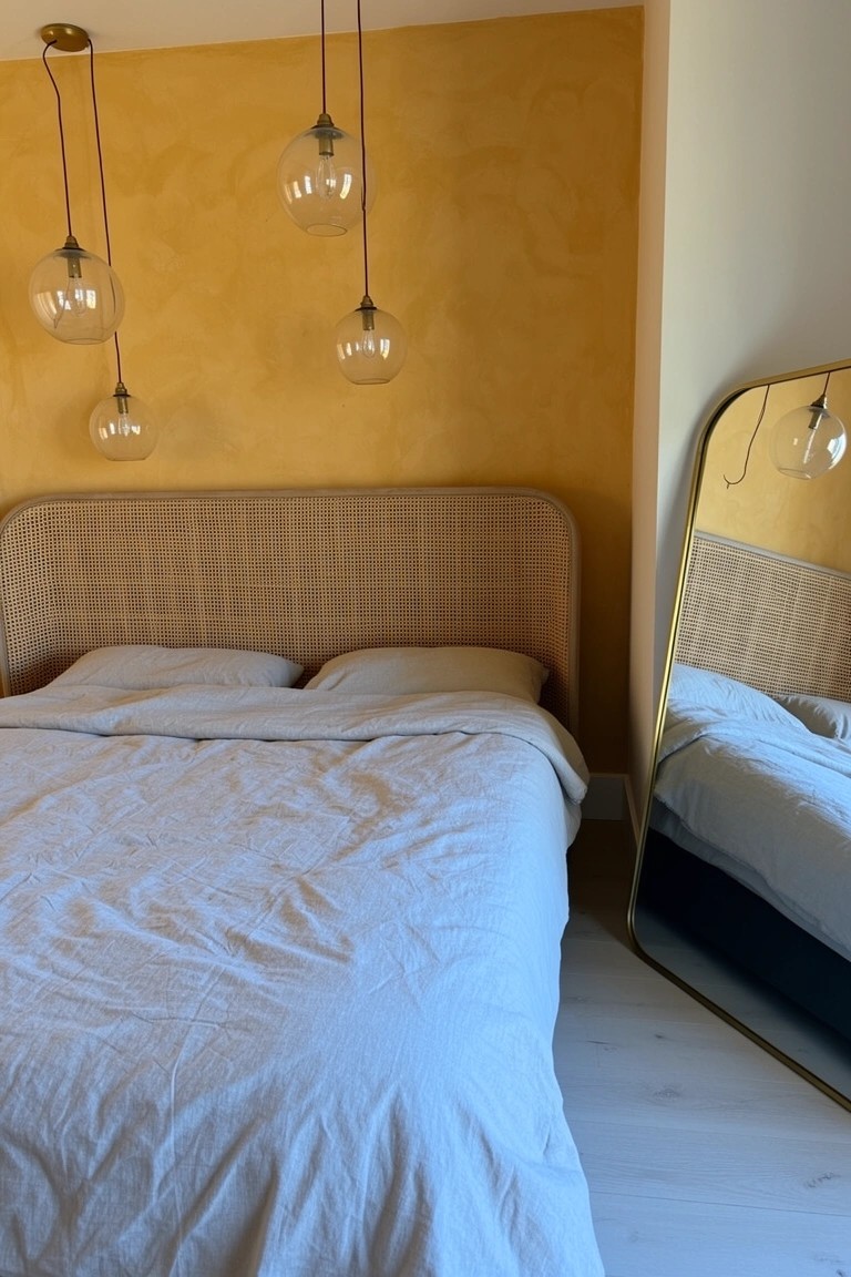 Boho bedroom with warm yellow textured walls, rattan headboard on a bed with white sheets, hanging glass pendant lights, and a tall gold-framed mirror.