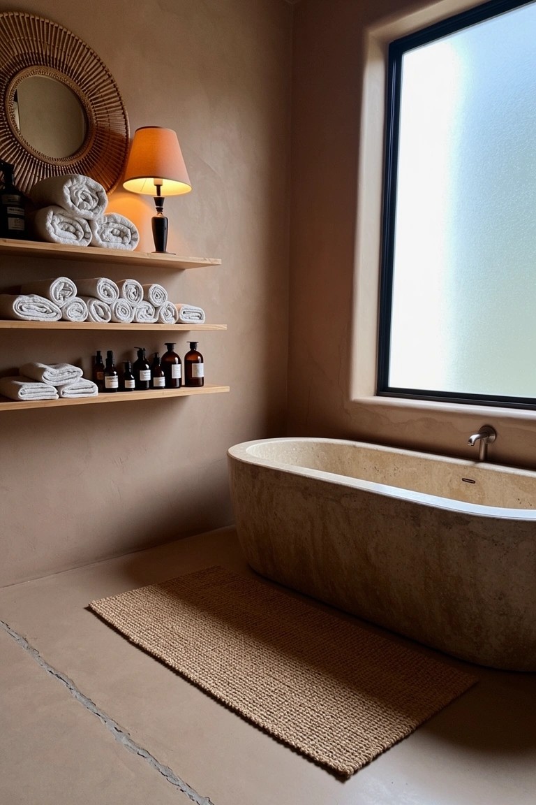 Boho bathroom with freestanding beige stone bathtub, open wooden shelves holding stacked rolled white towels and glass bath product bottles, rattan lamp and round mirror, seagrass rug on plaster floor, frosted window, warm beige walls