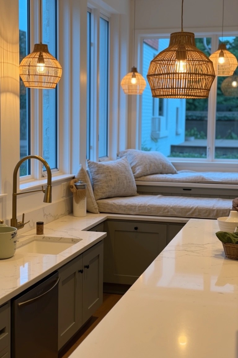 Bright kitchen with built-in window banquette, rattan pendant lights hanging above, white counters, and green cabinets