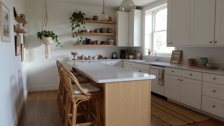 Bright boho kitchen with open wood shelves displaying pottery and trailing plants, macrame-hung greenery near arched window, light wood cabinets and island with rattan stools
