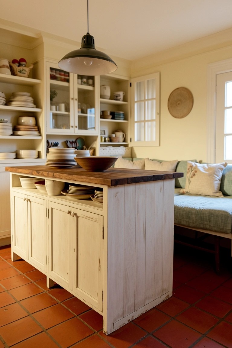 White wooden freestanding kitchen island with open storage and butcher block top next to a green banquette in a bright boho kitchen