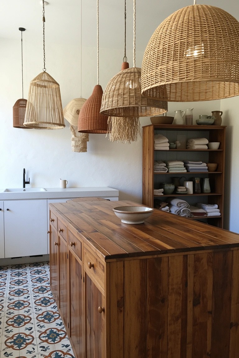 Boho kitchen featuring multiple rattan and woven pendant lights hanging over a wooden island countertop with white cabinets and open shelving