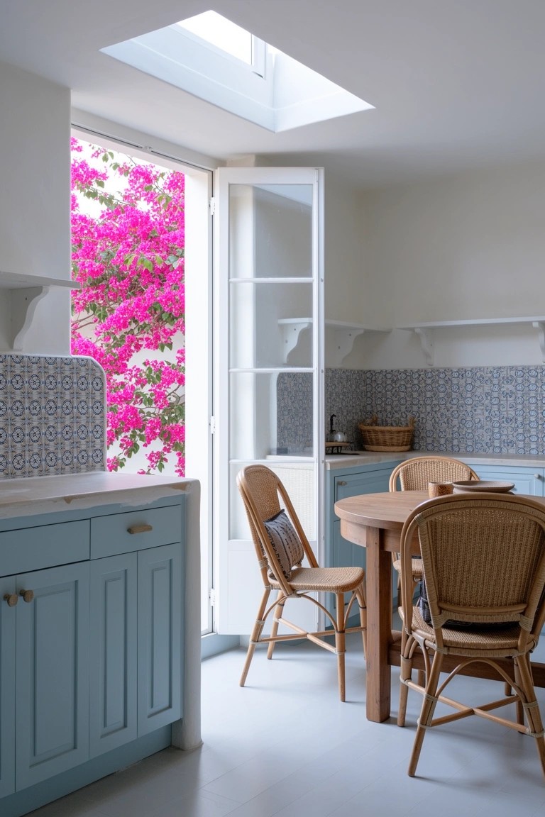 Airy kitchen with open French doors showing pink bougainvillea outside, light blue cabinets, wooden table, and rattan chairs