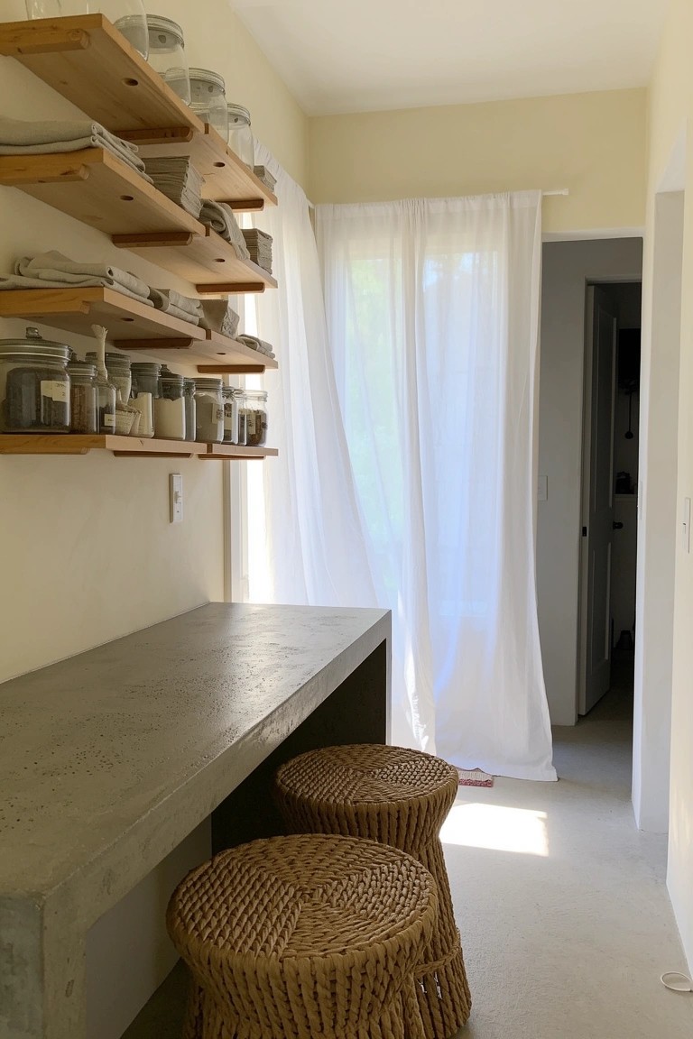 Narrow kitchen pantry with wooden open shelves stocked with jars, dishes, and bowls, concrete counter, rattan stools, and white curtains on a door.