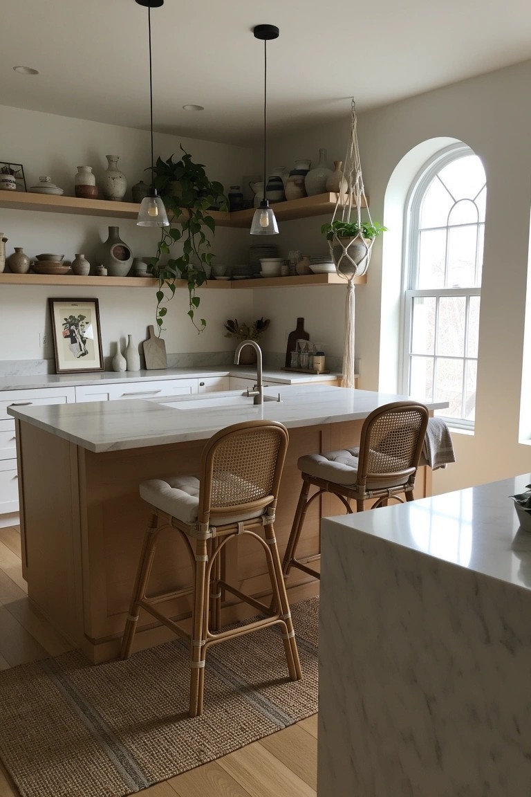 Bright boho kitchen with open wood shelves displaying pottery and trailing plants, macrame-hung greenery near arched window, light wood cabinets and island with rattan stools