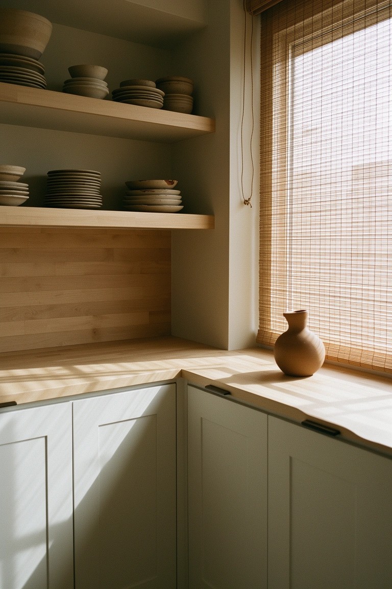 Kitchen corner with light wood open shelves displaying stacked beige pottery plates and bowls, light cabinets, wood counters, and bamboo window blinds.