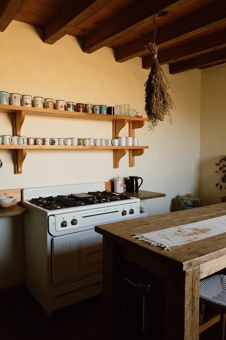 Rustic kitchen with open wooden shelves holding mugs, glasses, and dried herbs, next to a white gas stove and wooden table