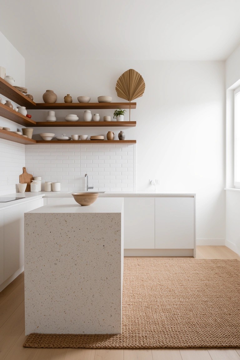 Bright white kitchen with rustic wooden open shelves displaying white bowls, plants, and ceramics above a speckled white island