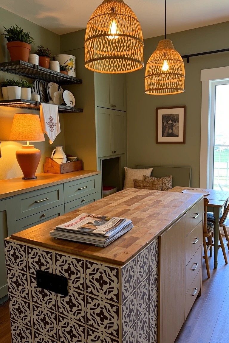 Boho kitchen featuring sage green cabinets, wooden island with geometric black-and-white tiled sides, multiple rattan pendant lights hanging overhead, open shelving with plants and dishes, and a built-in green bench nook by a window