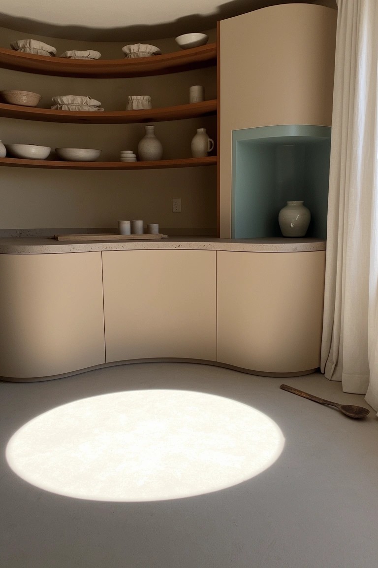 Boho kitchen featuring curved beige cabinets, open shelves with earthy ceramics, and a turquoise corner accent under sheer curtains