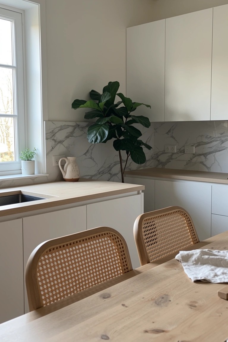 Bright white kitchen with flat-panel cabinets, marble backsplash, light wood dining table, rattan chairs, and a tall fiddle leaf fig plant.