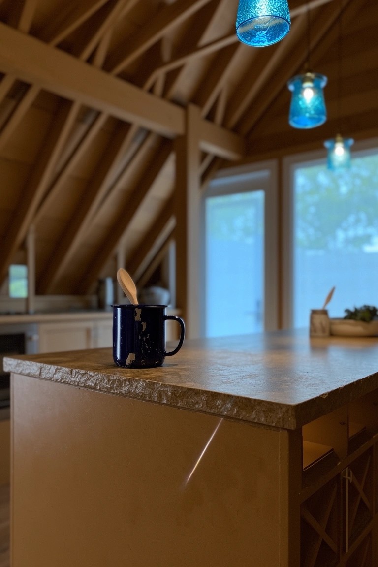 Blue glass pendant lights hanging over a wooden kitchen counter with blue mug and spoon in a beamed beach house kitchen