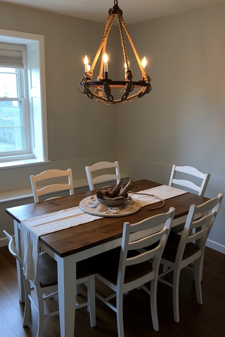Rustic rope chandelier with candles hanging over farmhouse dining table and white chairs