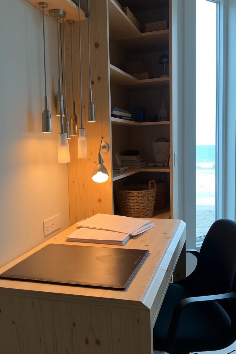 Beach house workspace nook featuring a wooden built-in desk with open shelves, black office chair, laptop, woven basket, and a row of slim white pendant lights hanging overhead next to a large window with sea view