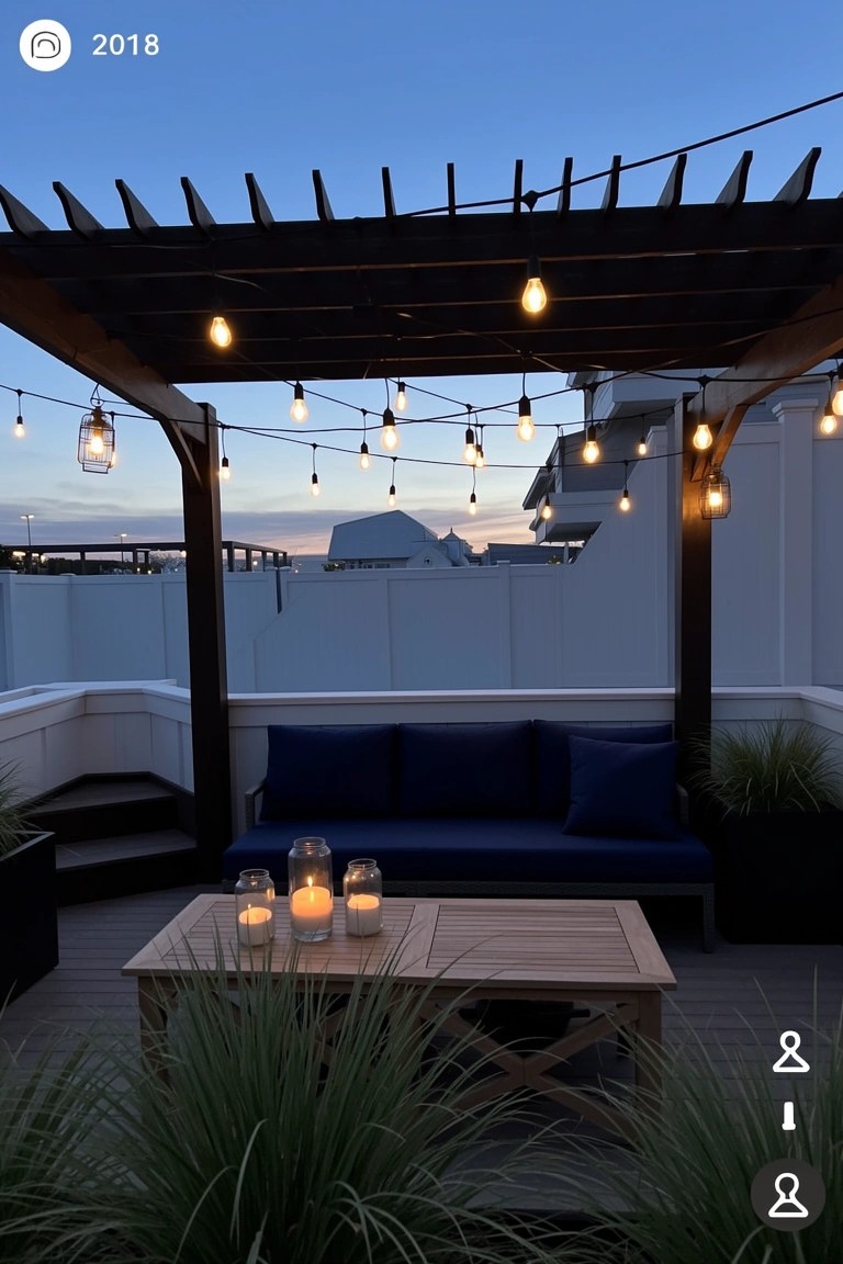 Pergola covered in string lights over a wooden table and blue couch on a rooftop deck