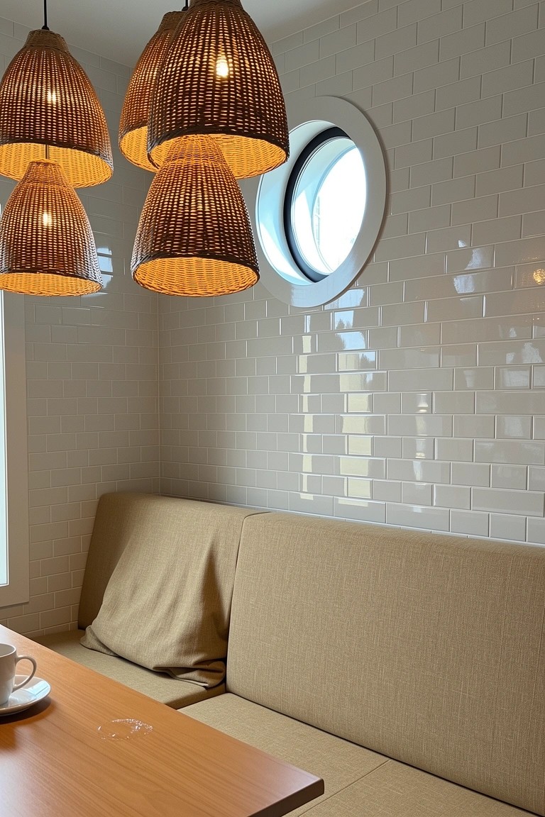 Rattan pendant lights hanging over a beige built-in bench in a white subway-tiled nook with a round porthole window