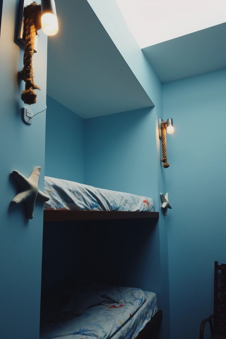 Light blue bunk bed nook with rope-wrapped wall sconces and starfish decor