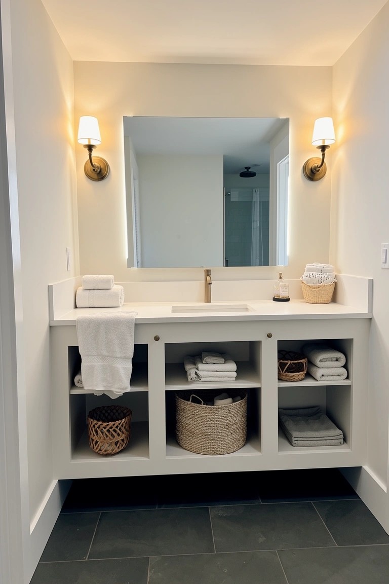 White bathroom vanity with open shelves holding folded towels in woven baskets, lit by matching brass sconces on walls flanking a large mirror above the sink