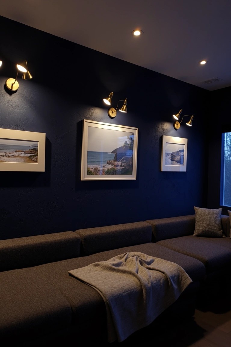 Navy wall with three framed beach photos lit by gold adjustable sconces above a gray banquette sofa and throw blanket