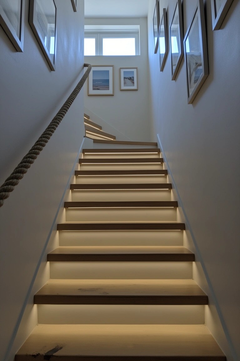 Wooden staircase with LED strips lighting each tread from below and a rope handrail lining the wall