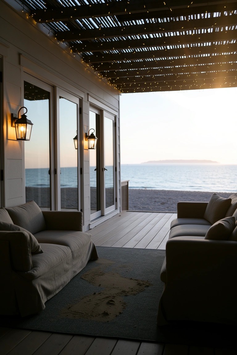Beach house deck under pergola strung with fairy lights and flanked by wall lanterns, overlooking ocean at dusk