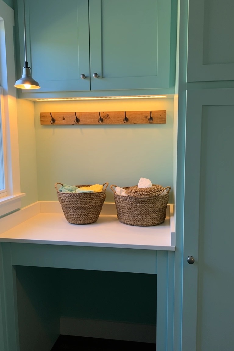 Coastal laundry room with turquoise cabinets, under-cabinet LED strip lighting, woven baskets on a white counter, wooden peg rail, and a pendant lamp