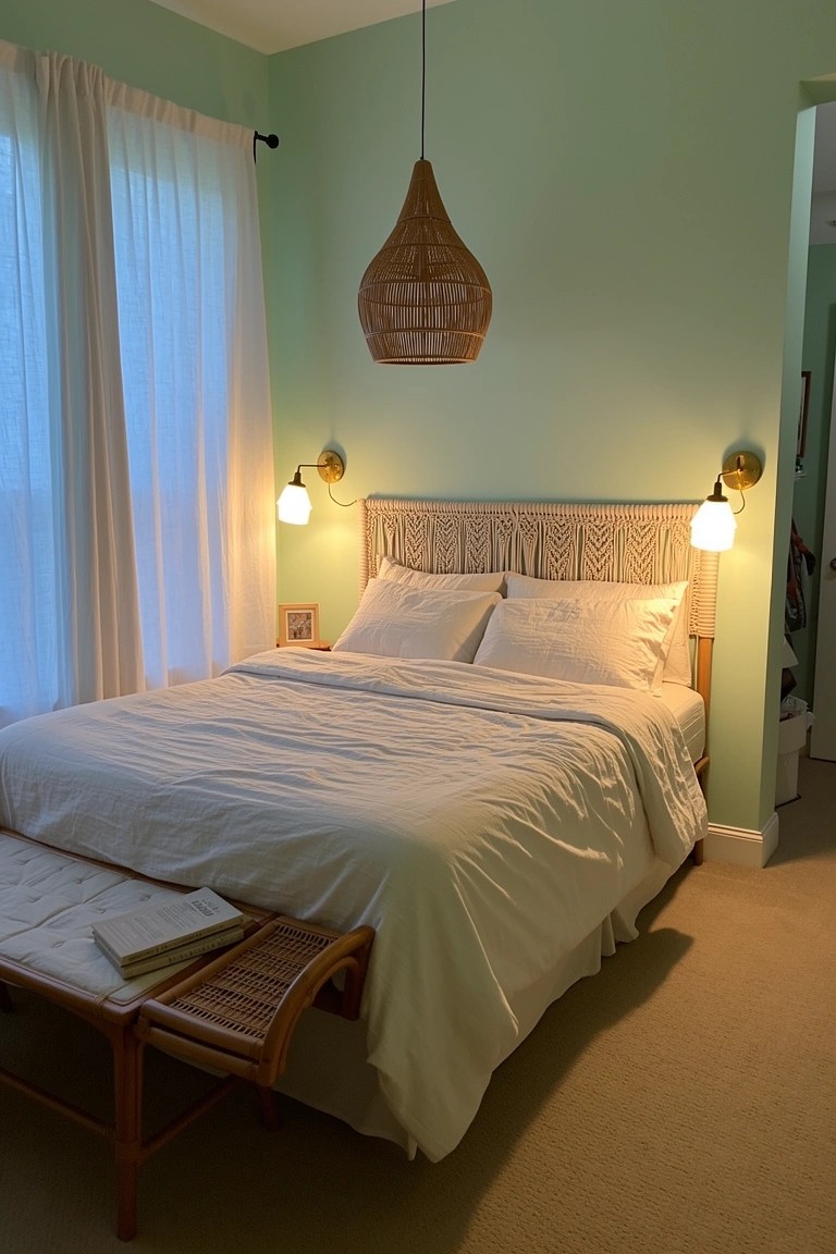 Bedroom with mint green walls, white bedding on woven headboard, rattan pendant light overhead, lit wall sconces, sheer curtains, and foot bench