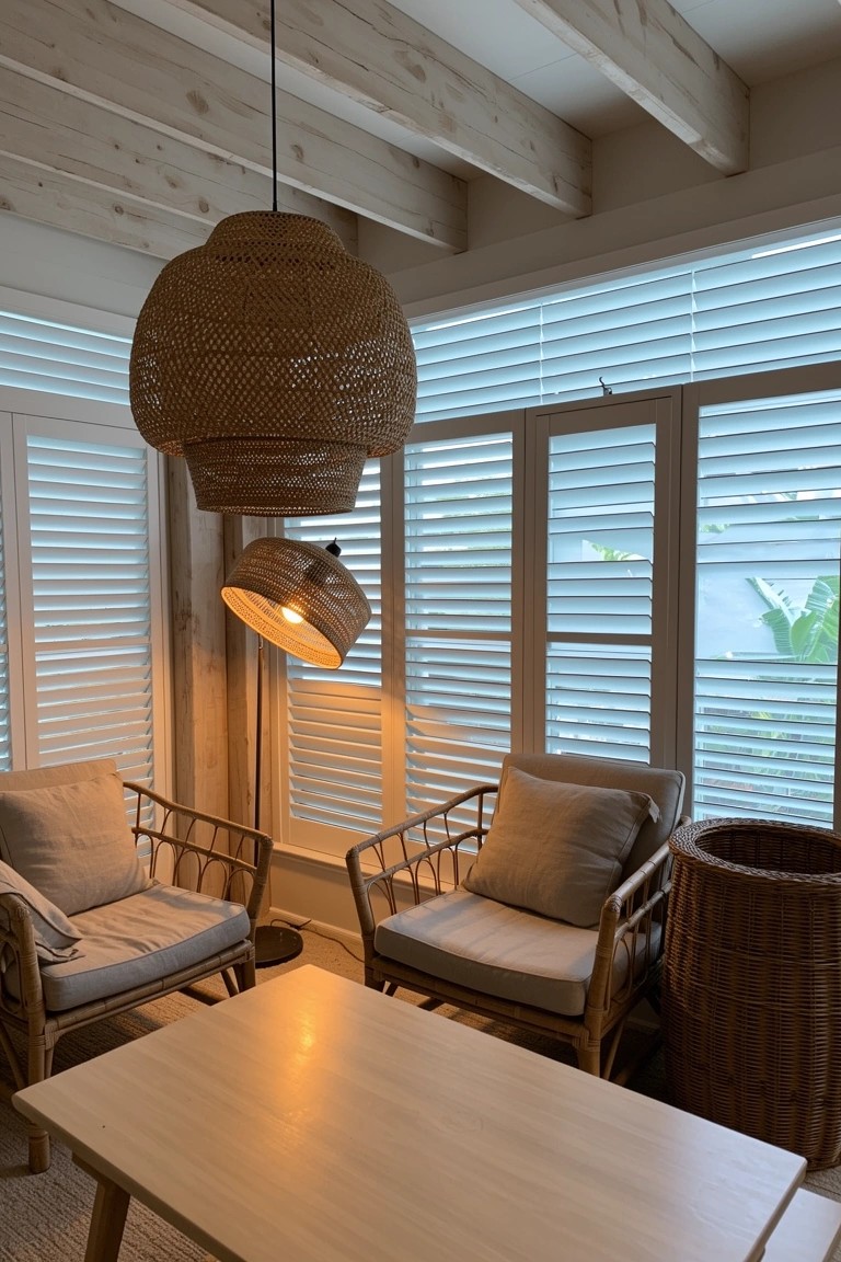 Beach house seating nook with large woven rattan pendant light, matching floor lamp, wicker chairs, and wooden table near shuttered windows