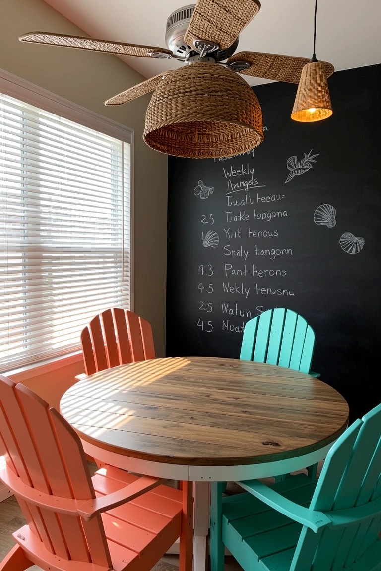 Dining area with orange and teal Adirondack chairs around a round wood table, rattan ceiling lights, and chalkboard wall in a beachy room