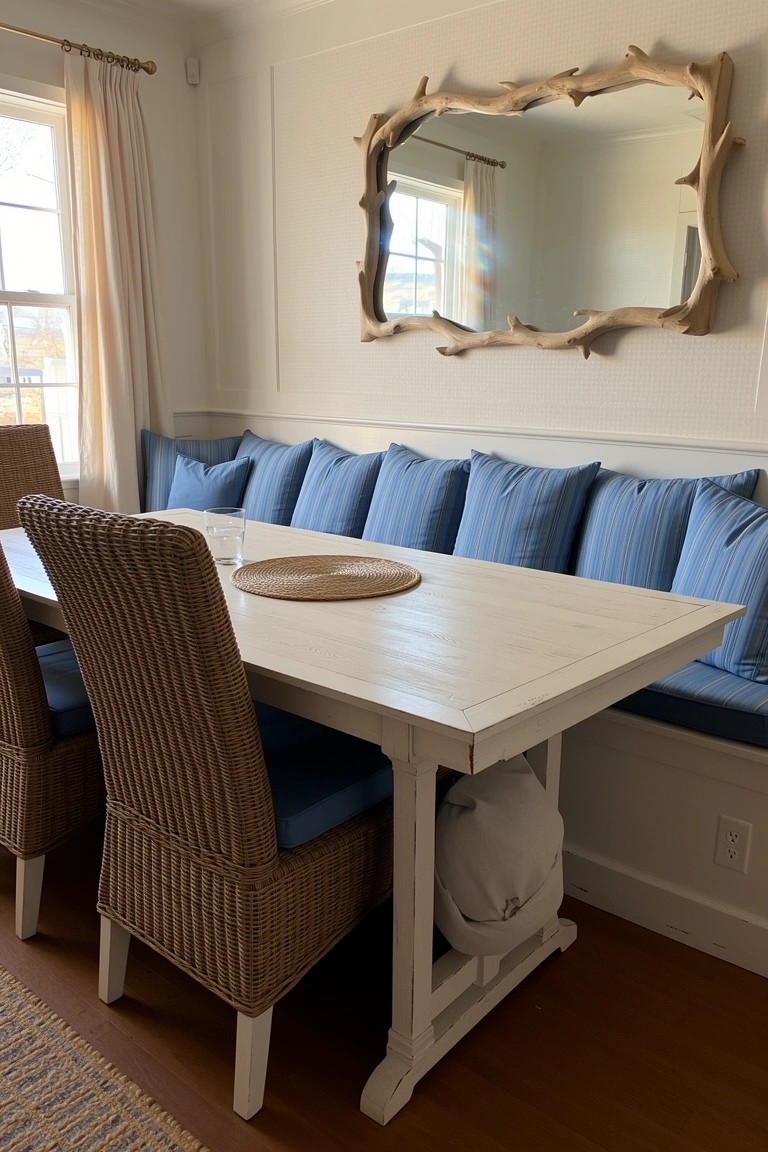 White wooden dining table with blue cushioned built-in bench seating along one wall, paired with wicker chairs, in a light room with antler mirror above