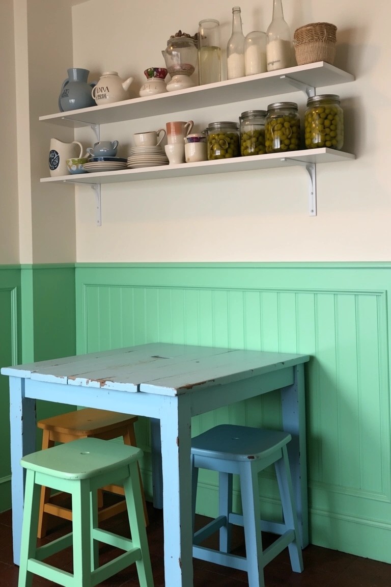 Cozy corner dining nook with mint green wainscoting, distressed blue wooden table, lime and blue stools, and open shelves holding pottery, jars, and pickled peppers