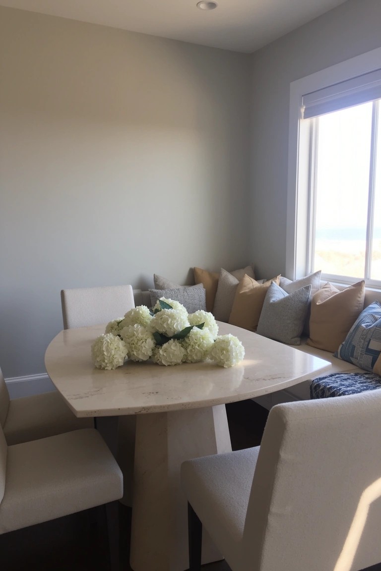 Light beige corner banquette with pillows around an oval pedestal table holding white hydrangeas in a beach dining room