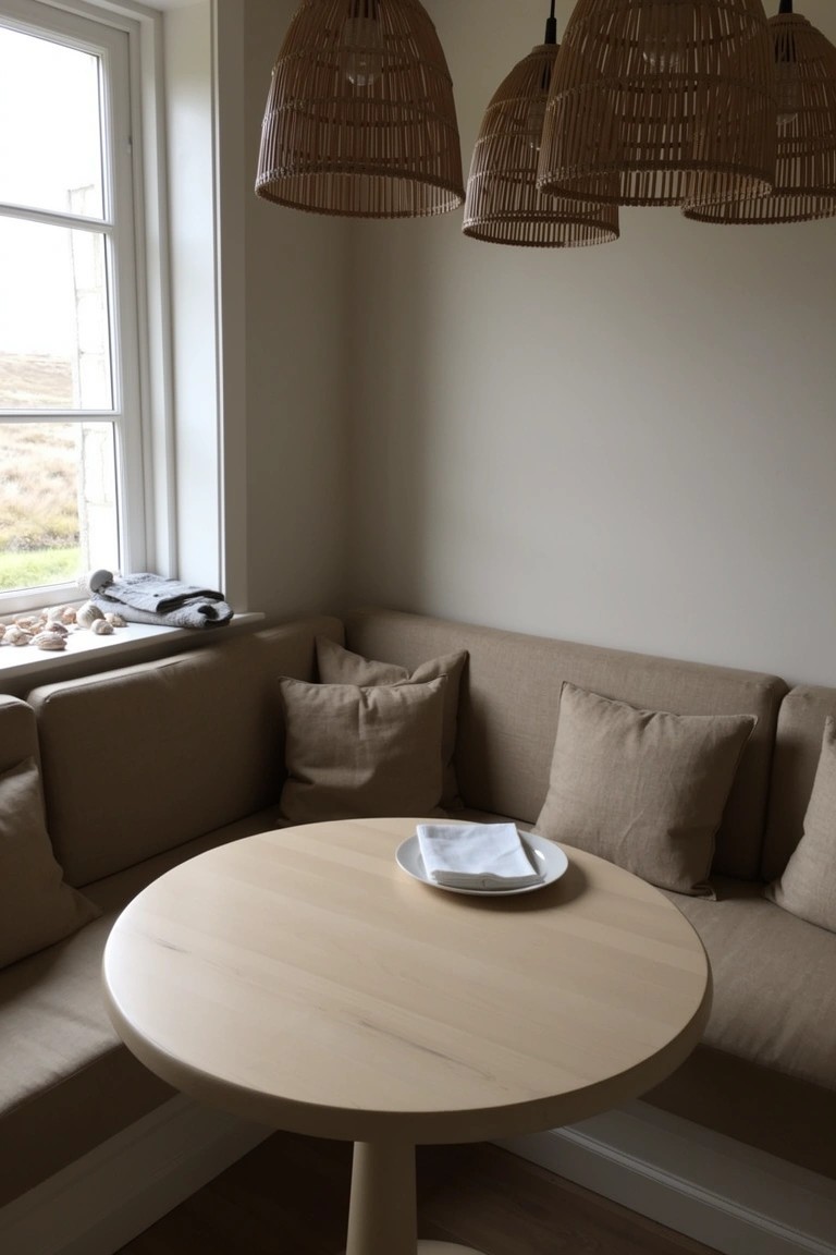 Cozy corner banquette with beige cushions around a light wood round table under rattan pendant lights in a beach house dining nook