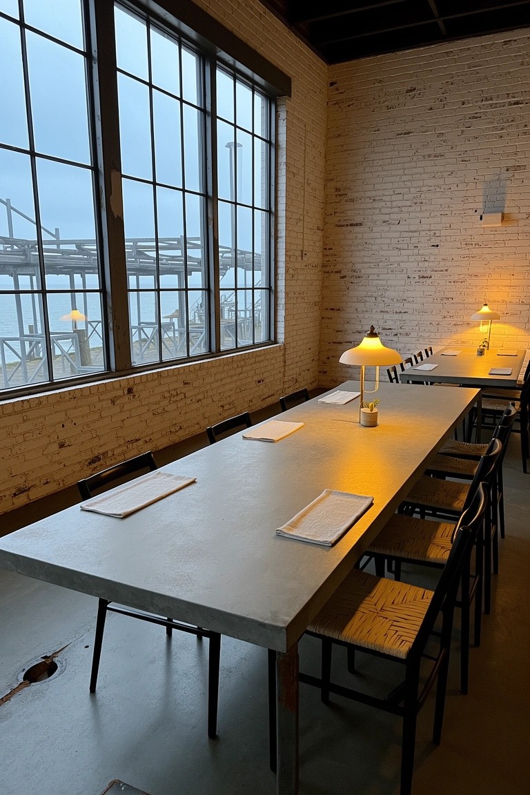 Casual beach dining room featuring exposed brick walls, large industrial windows with pier views, and a long gray metal table with lamps