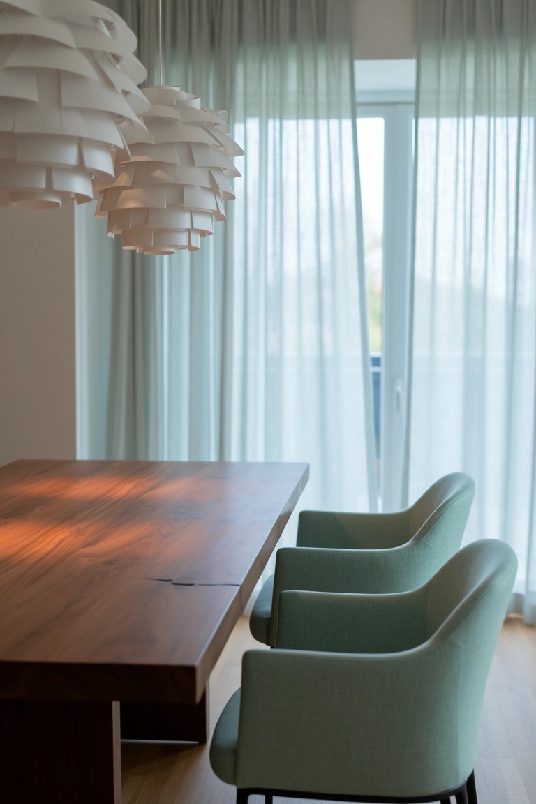 Modern dining room with multiple layered white pendant lights over a wooden table, turquoise upholstered chairs, and sheer curtains on balcony doors