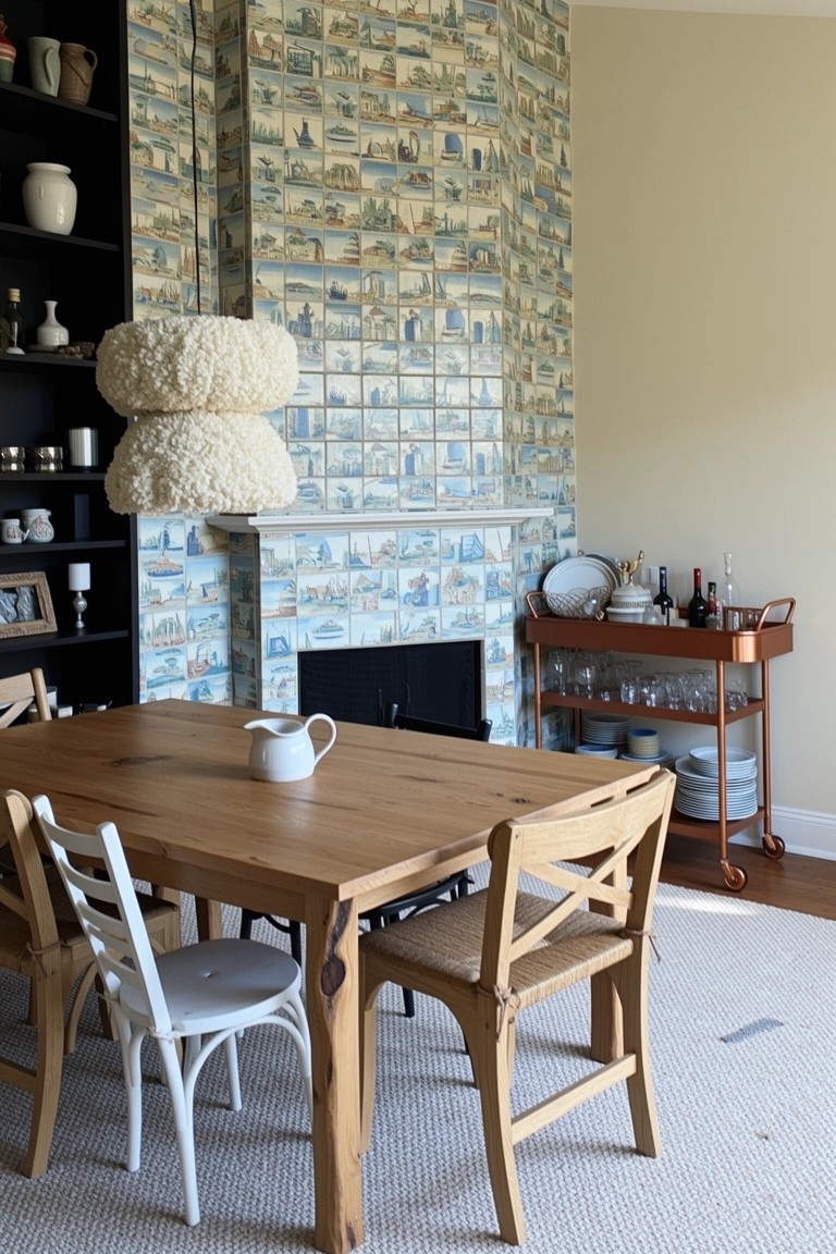 Dining room with blue nautical tile mural on chimney fireplace, wooden table, mixed chairs, bar cart, and neutral walls