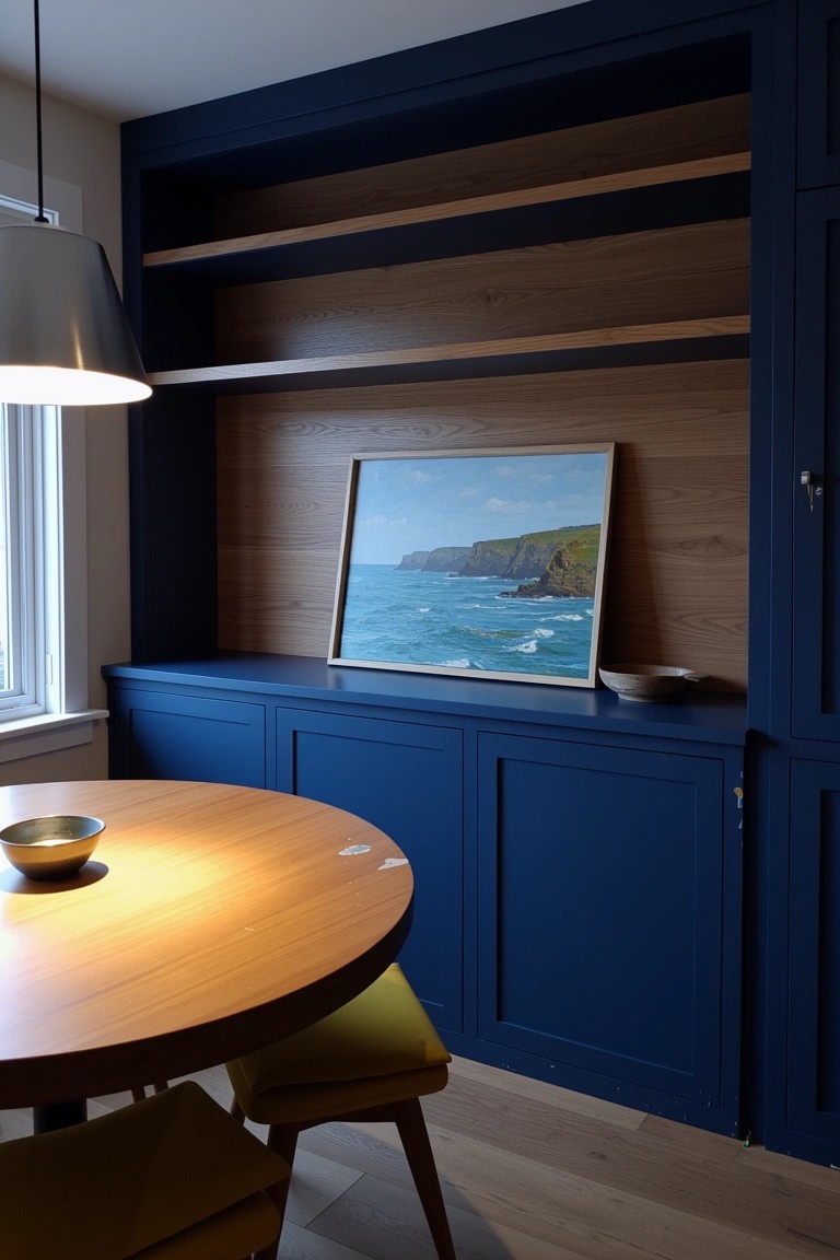 Navy blue built-in cabinets with wood shelves framing a casual round dining table and coastal seascape painting