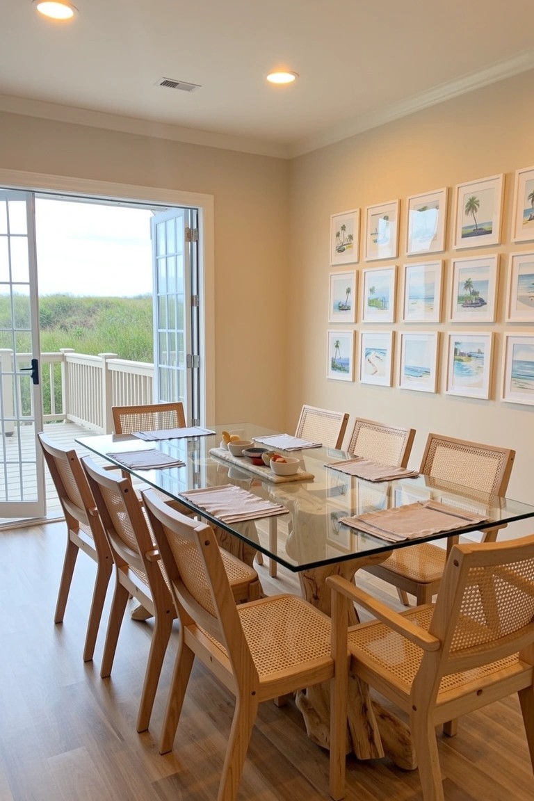 Beach dining room with glass-top table and rattan chairs, open sliding doors to deck overlooking dunes, light wood floors and beige walls