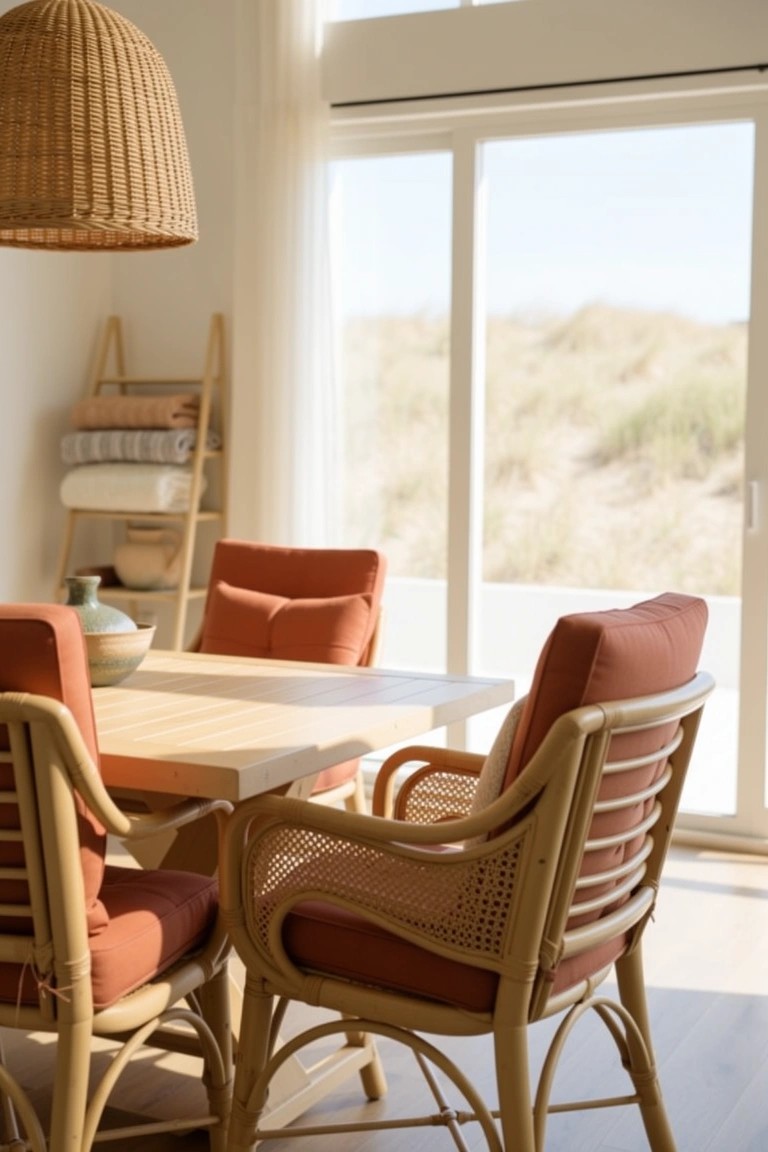 Beach dining room with rattan chairs and orange cushions around a wooden table, ladder shelf nearby, and dune views through glass doors