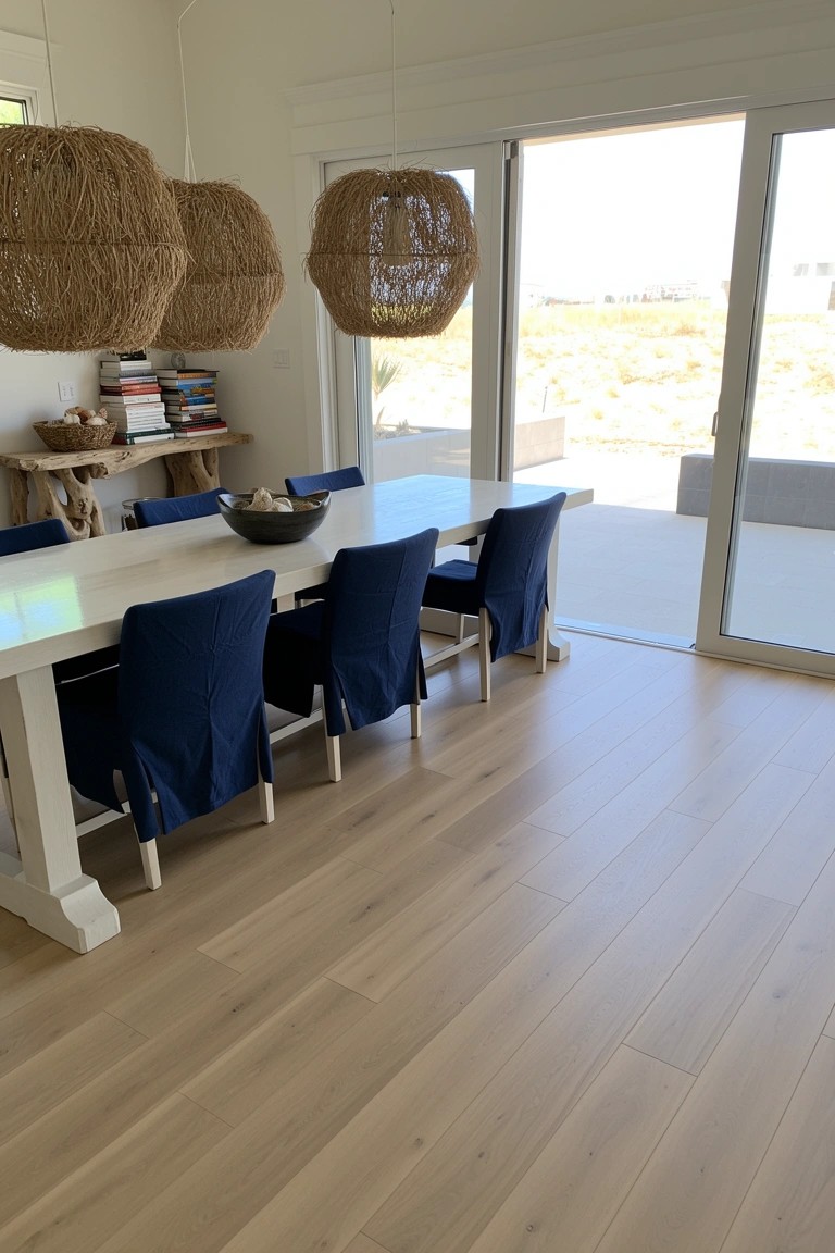 Coastal dining room featuring a long white trestle table surrounded by navy blue slipcovered chairs, rattan pendant lights overhead, and large sliding doors open to a sunny outdoor patio
