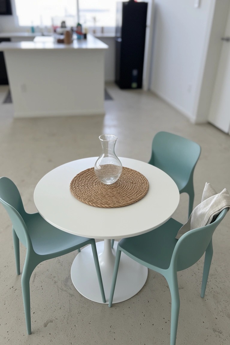 Small round white pedestal table with three turquoise molded plastic chairs arranged around it, centered glass vase on woven mat in airy beach apartment dining area