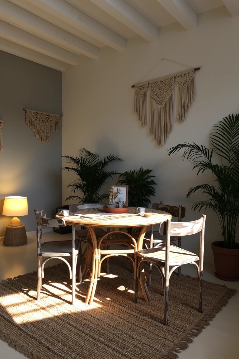 Round wooden dining table with cane chairs surrounded by tall potted palm plants, macrame wall hangings, and a jute rug in a light white room
