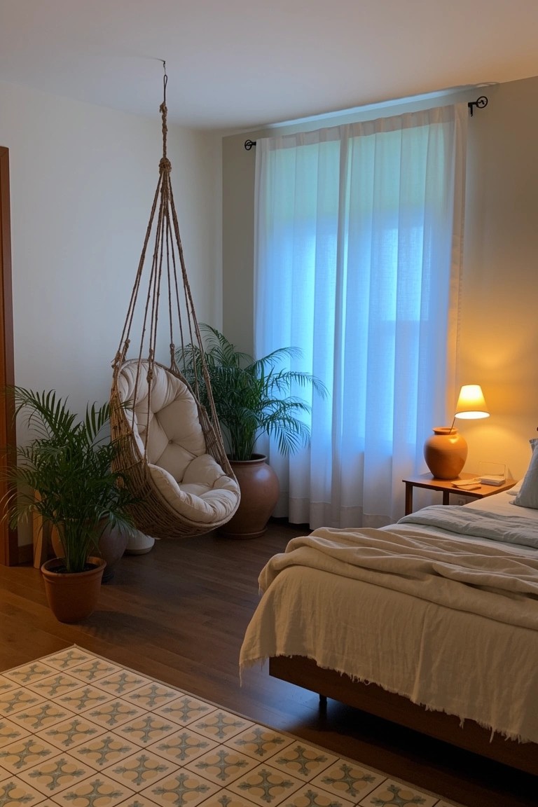 Cozy boho bedroom corner featuring a white cushioned hanging egg chair surrounded by potted plants, next to a window with sheer curtains and a bed nearby