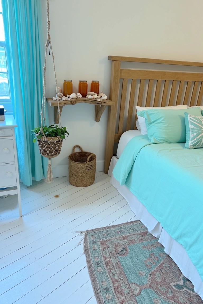 Boho bedroom with wooden bed, teal bedding, hanging macrame shelf holding jars, potted plant, blue curtains, and woven basket