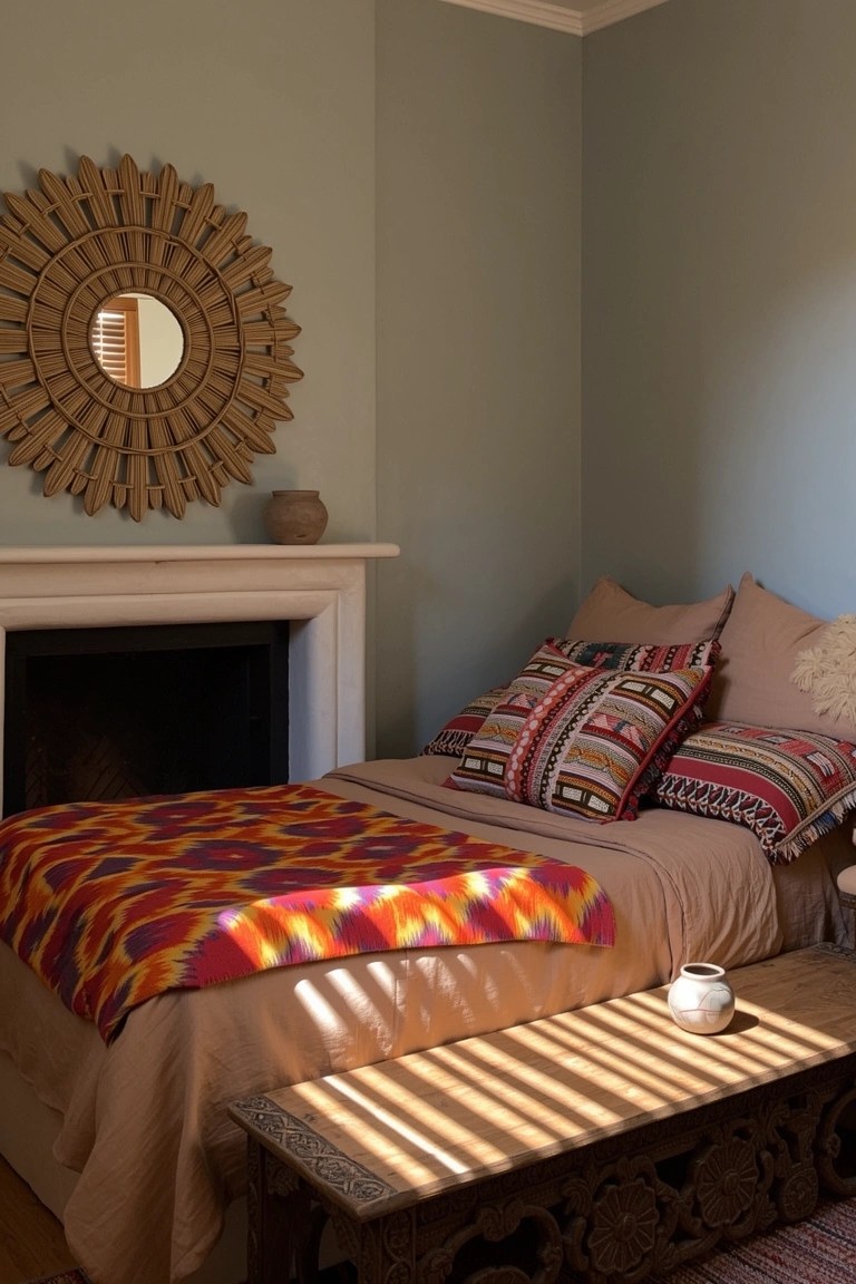 Boho bedroom corner with vibrant orange geometric quilt on bed, mix of patterned pillows, carved wood bench, sunburst mirror, and fireplace against pale green walls