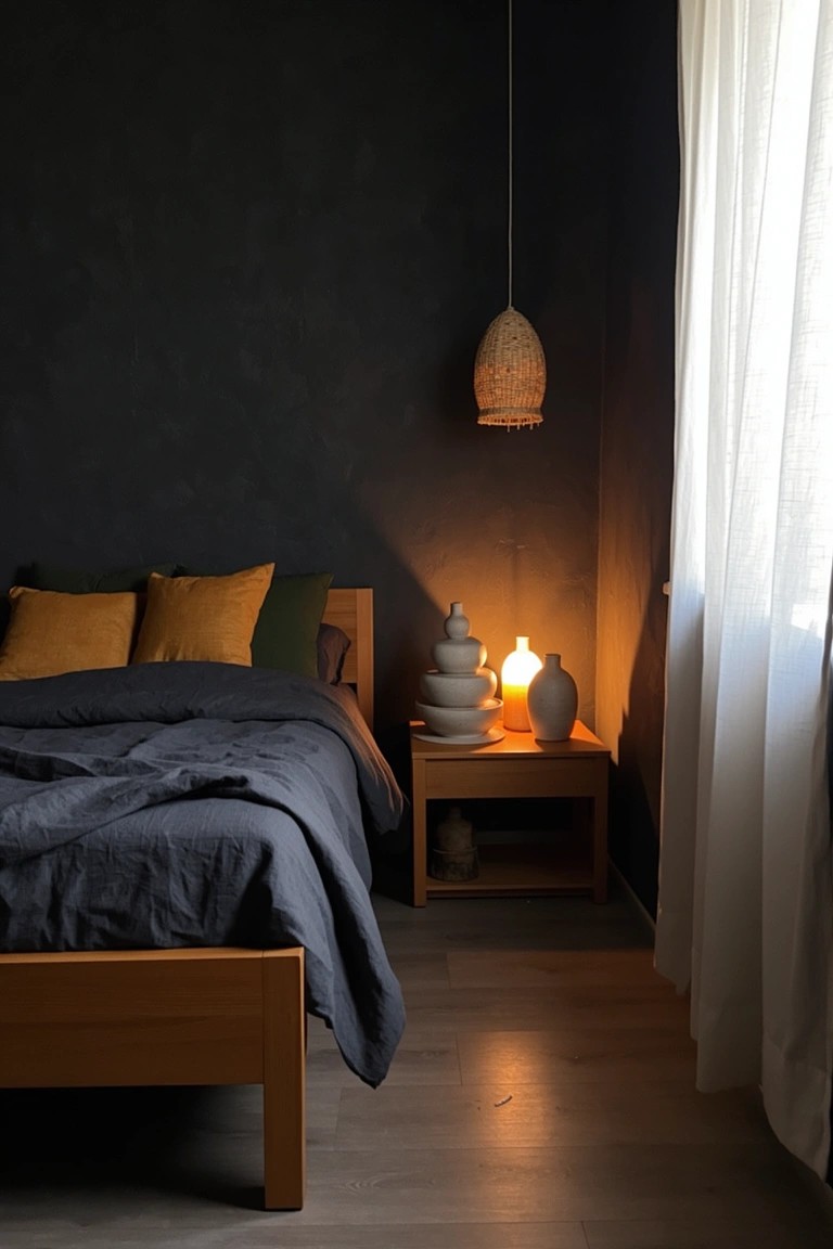 Cozy boho bedroom with dark walls, light wood bed frame, dark linens, mustard pillows, wooden nightstand holding stacked ceramics and rattan-shade lamp