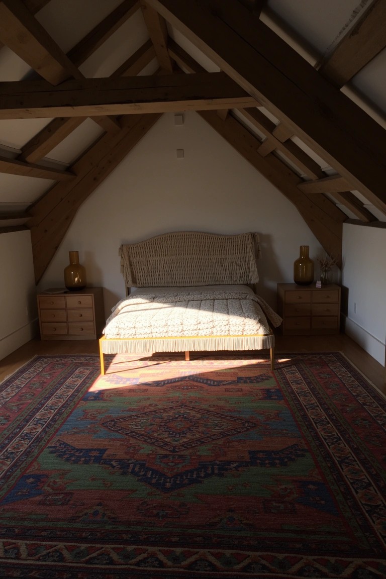 Cozy attic bedroom with dark exposed wooden beams, neutral upholstered bed, matching nightstands, and colorful patterned rug on wood floors