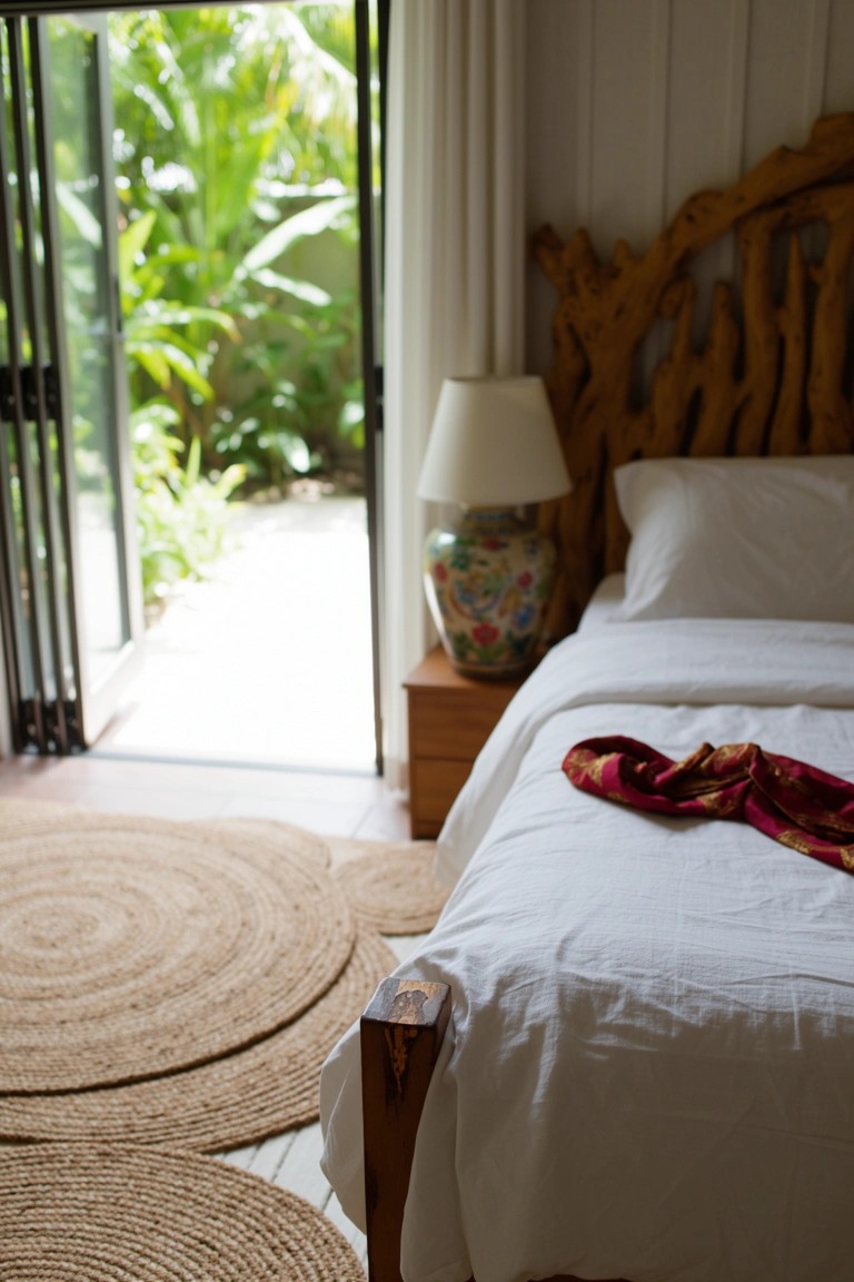 Boho bedroom featuring open sliding doors to a lush tropical garden path, rustic carved wood headboard, white bed with red scarf, and layered round seagrass rugs